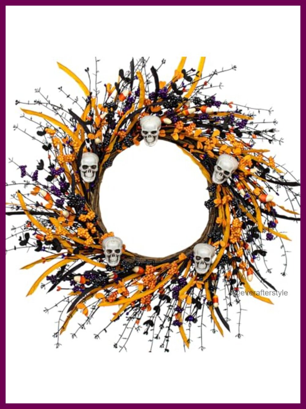 Artificial Halloween Wreath 22 Inch Skull Candy Berries Front Door Decor